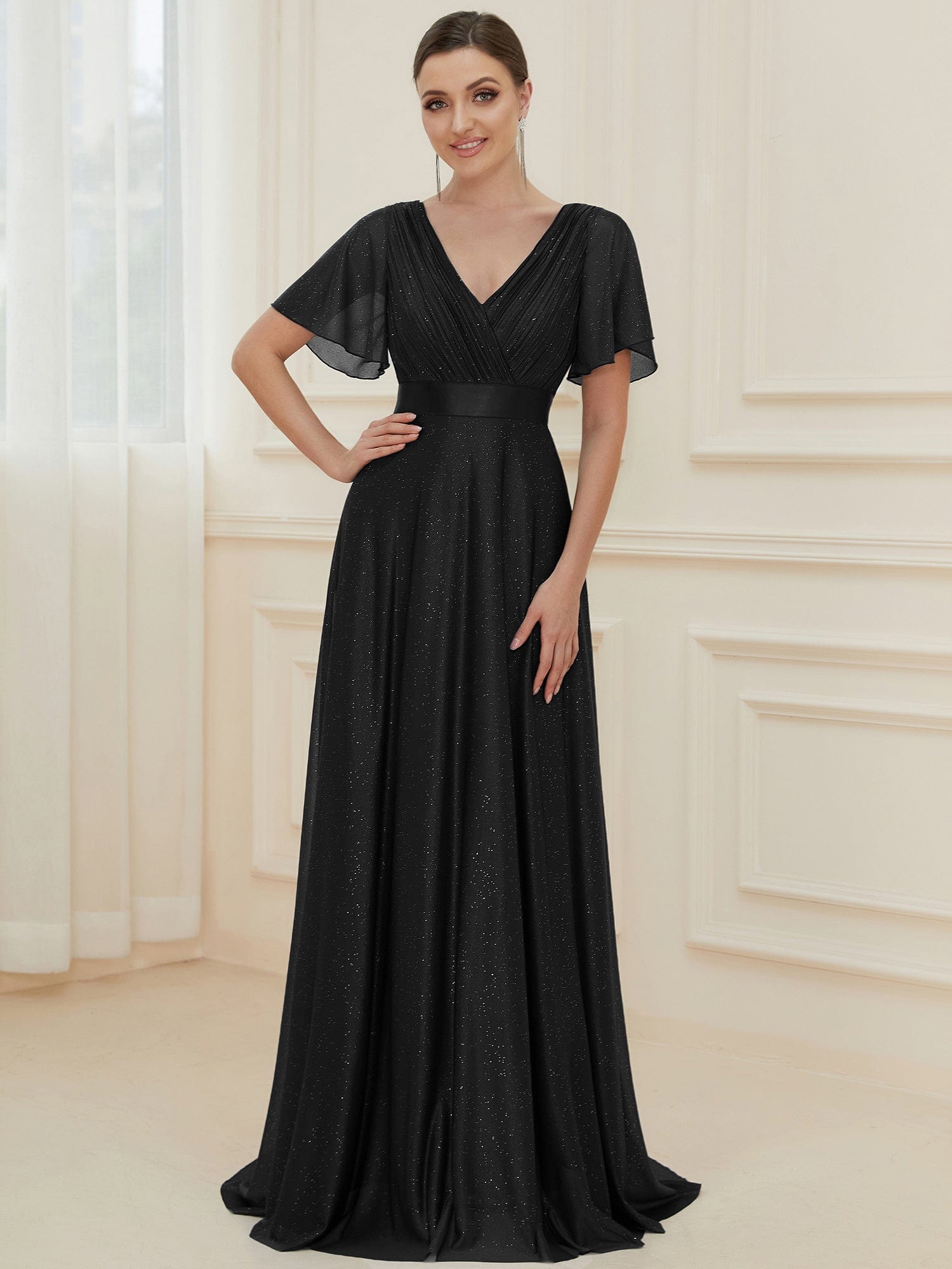 Sparkling Short Sleeve V-Neck Ribbon Waist A-Line Evening Dress #color_Black