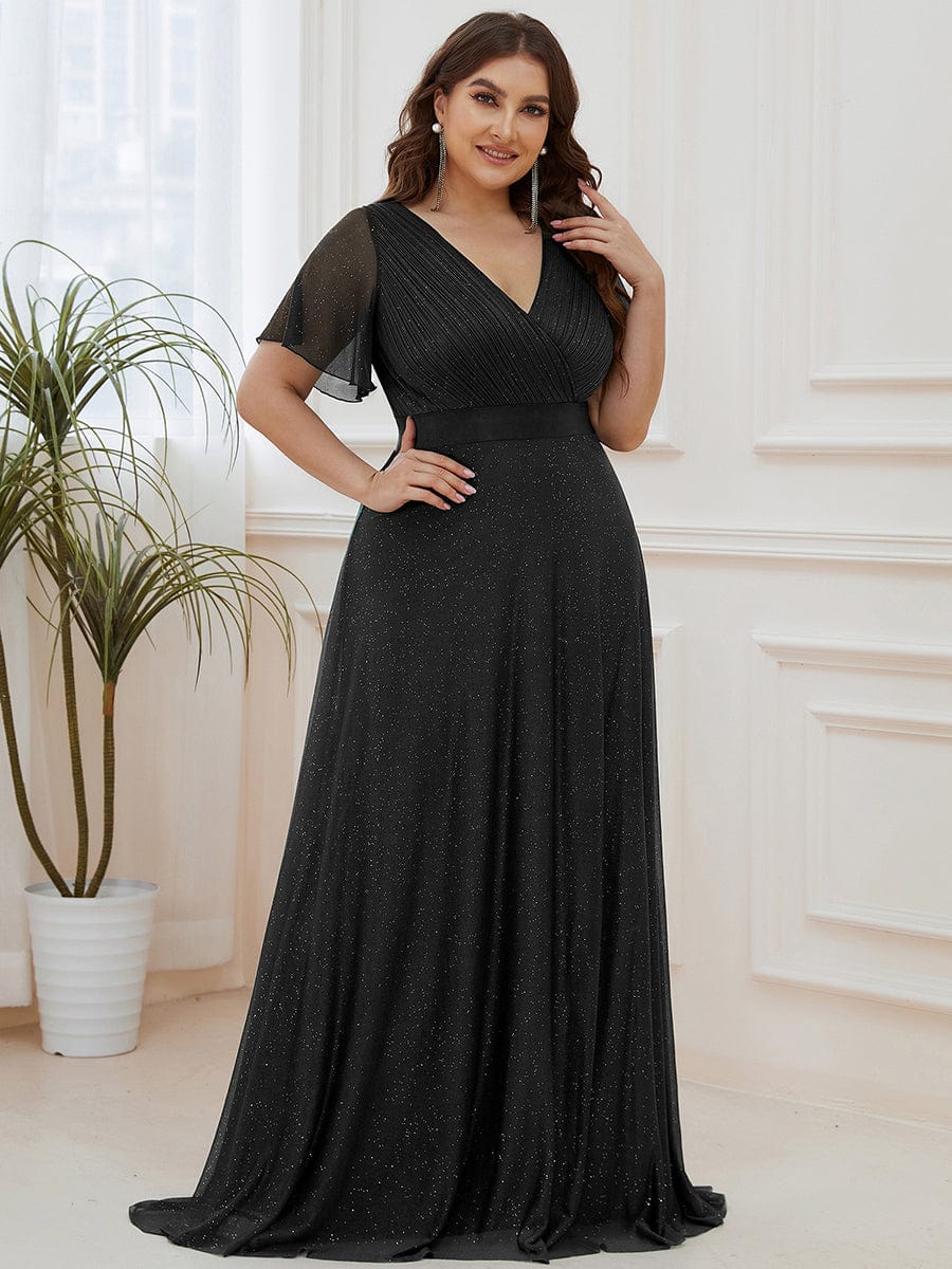 Sparkling Short Sleeve V-Neck Ribbon Waist Plus Size Formal Evening Dress #color_Black