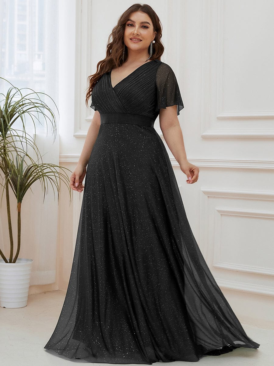 Sparkling Short Sleeve V-Neck Ribbon Waist Plus Size Formal Evening Dress #color_Black