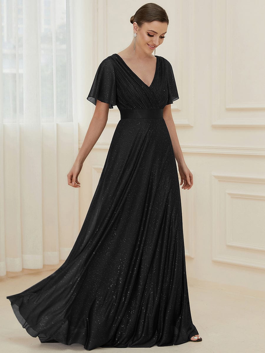 Sparkling Short Sleeve V-Neck Ribbon Waist A-Line Evening Dress #color_Black