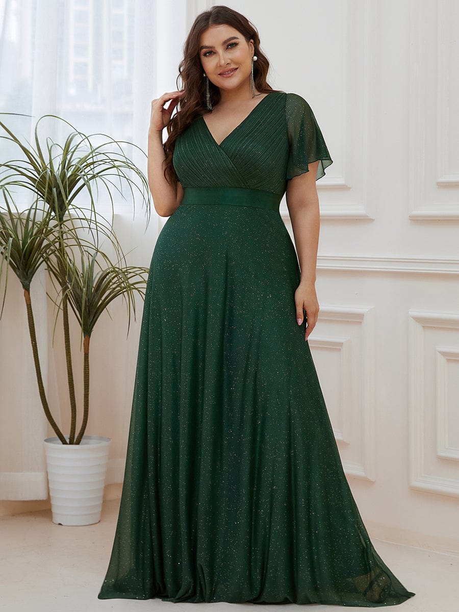 Sparkling Short Sleeve V-Neck Ribbon Waist A-Line Evening Dress #color_Dark Green