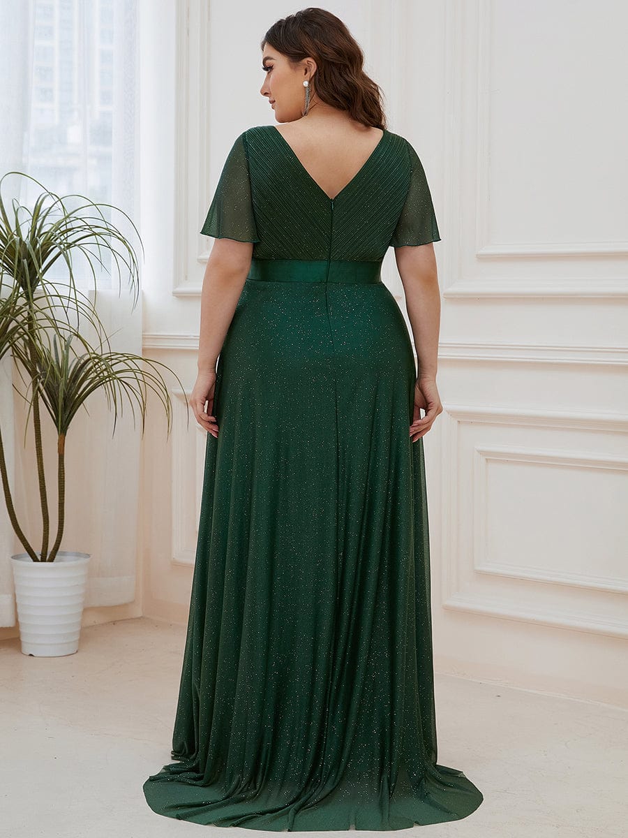 Sparkling Short Sleeve V-Neck Ribbon Waist Plus Size Formal Evening Dress #color_Dark Green