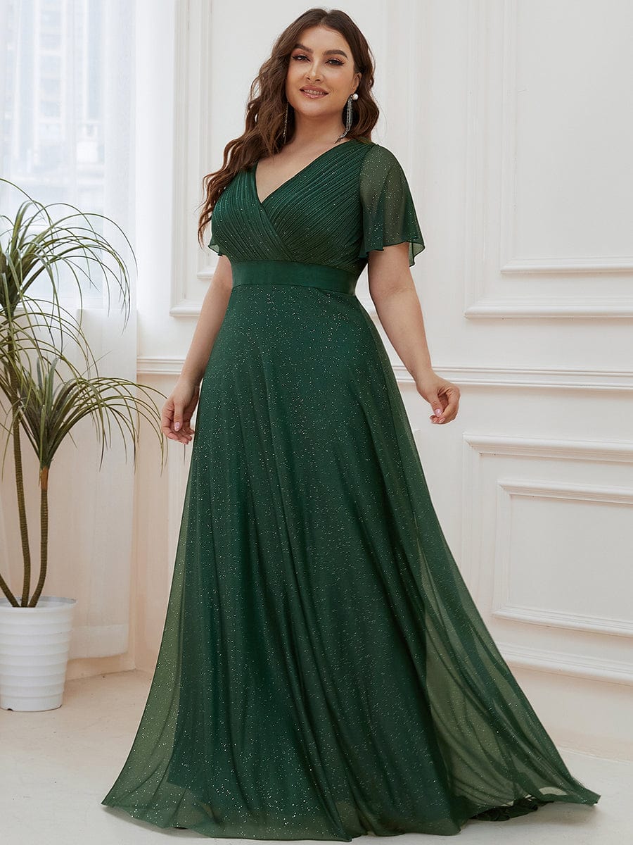 Sparkling Short Sleeve V-Neck Ribbon Waist Plus Size Formal Evening Dress #color_Dark Green