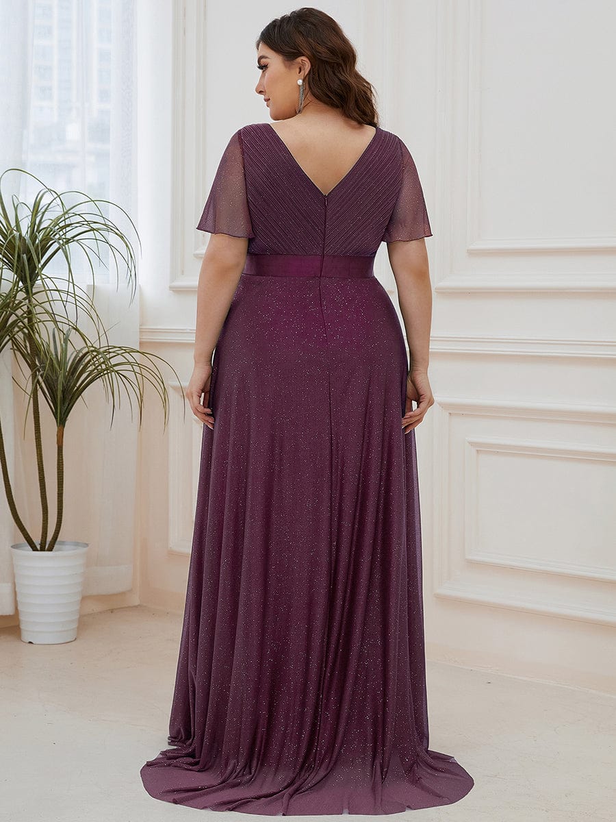 Sparkling Short Sleeve V-Neck Ribbon Waist Plus Size Formal Evening Dress #color_Dark Purple