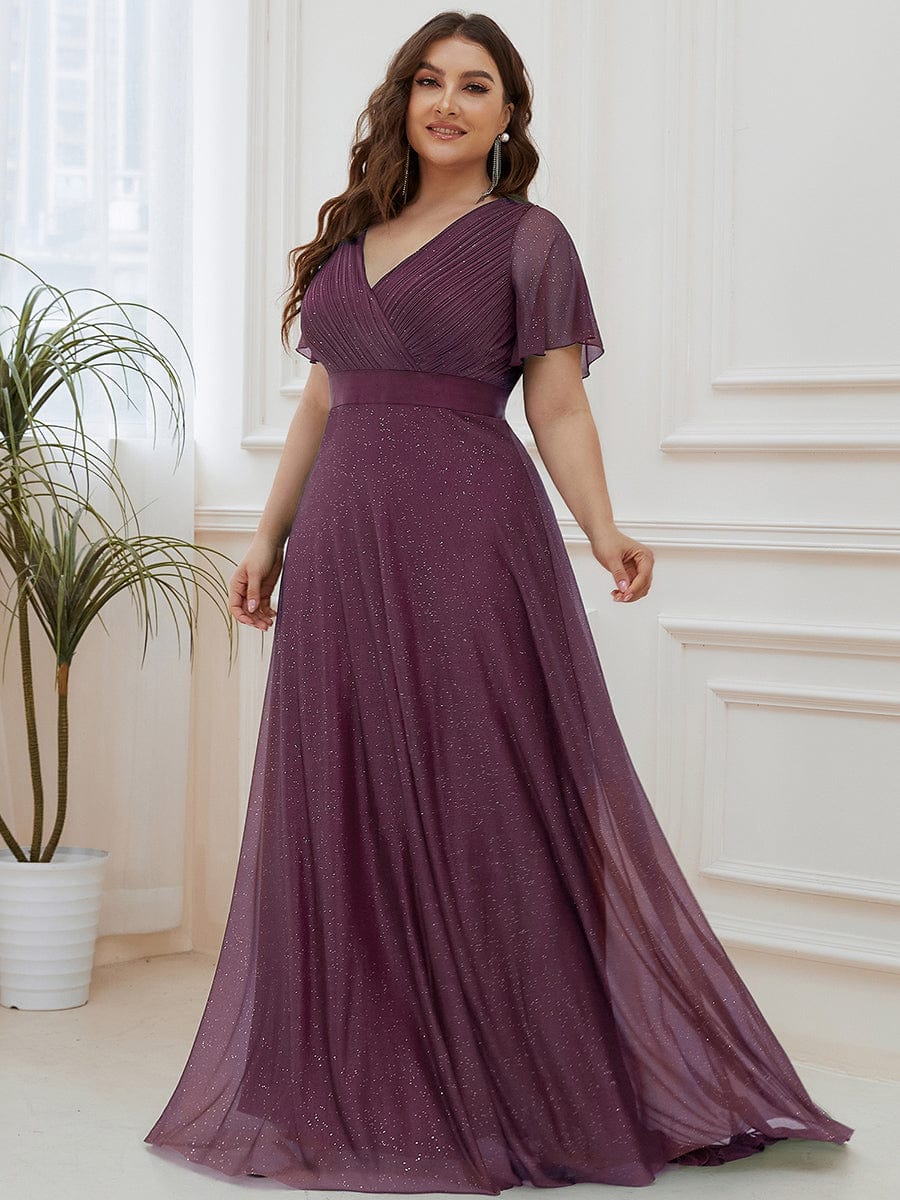 Sparkling Short Sleeve V-Neck Ribbon Waist Plus Size Formal Evening Dress #color_Dark Purple