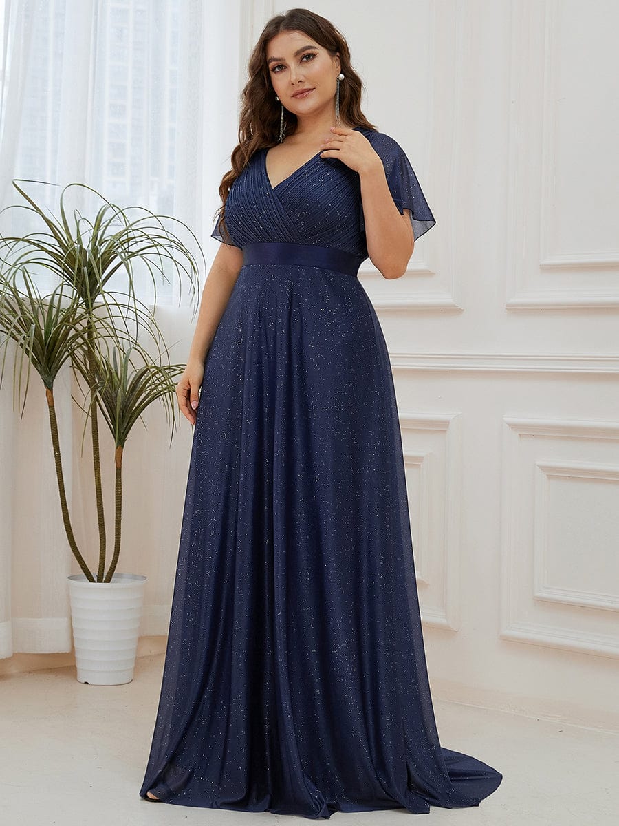 Sparkling Short Sleeve V-Neck Ribbon Waist Plus Size Formal Evening Dress #color_Navy Blue