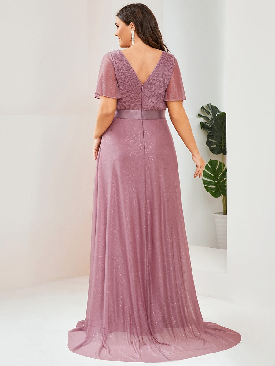 Sparkling Short Sleeve V-Neck Ribbon Waist A-Line Evening Dress #color_Purple Orchid