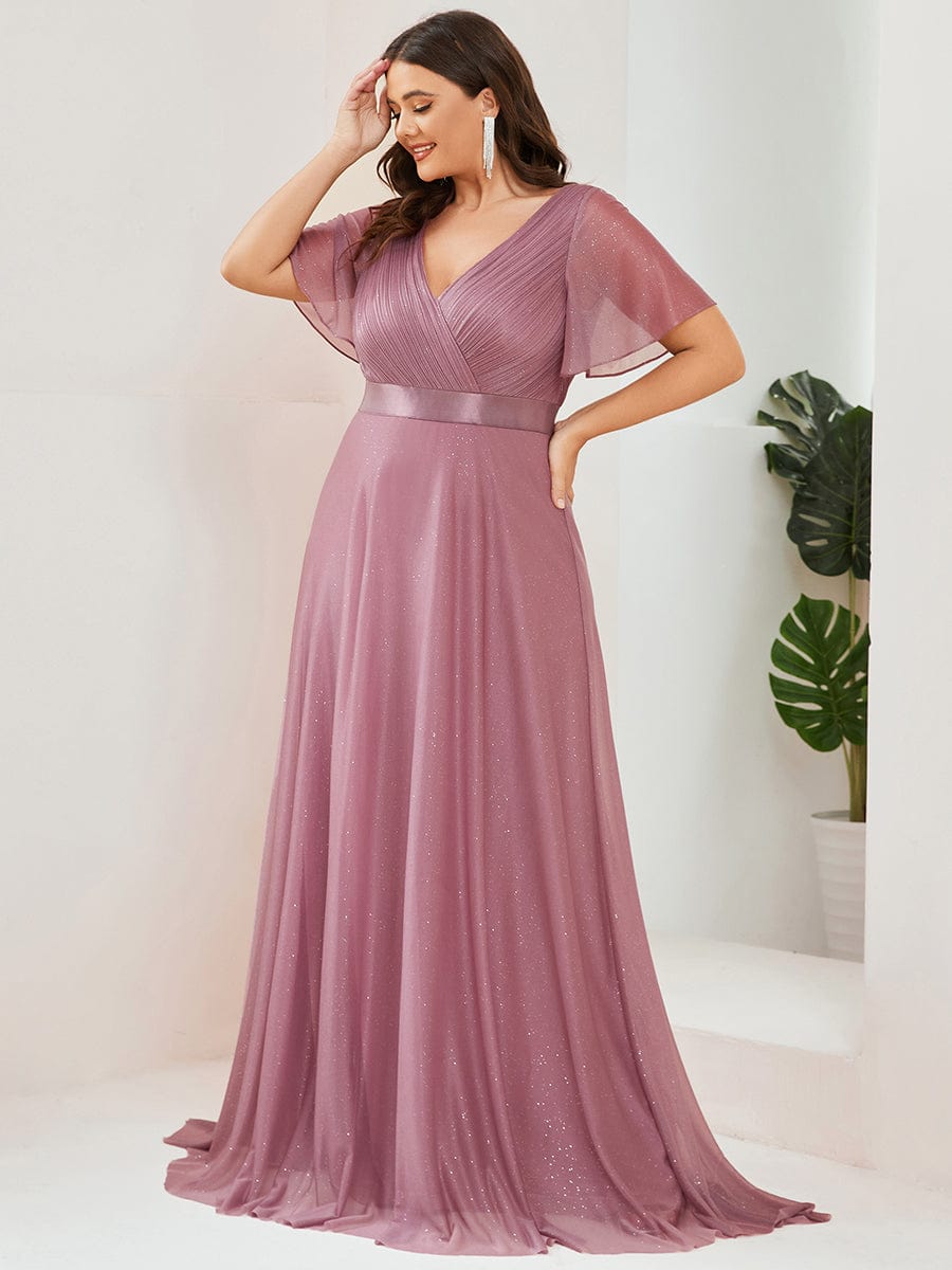 Sparkling Short Sleeve V-Neck Ribbon Waist Plus Size Formal Evening Dress #color_Purple Orchid