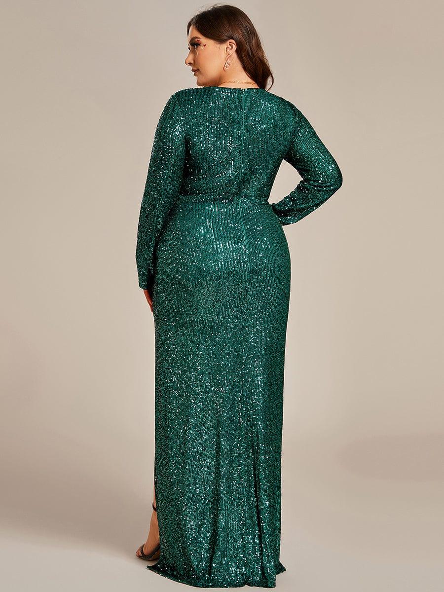 Sparkling Sequin V-Neck Long Sleeves Thigh-High Slit Evening Dress  #color_Dark Green