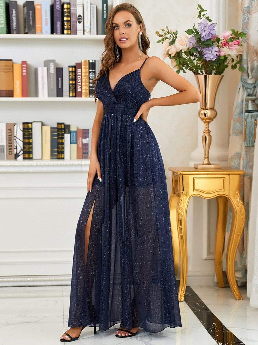Spaghetti Strap 2 in 1 Sheer Evening Dress #color_Navy Blue 