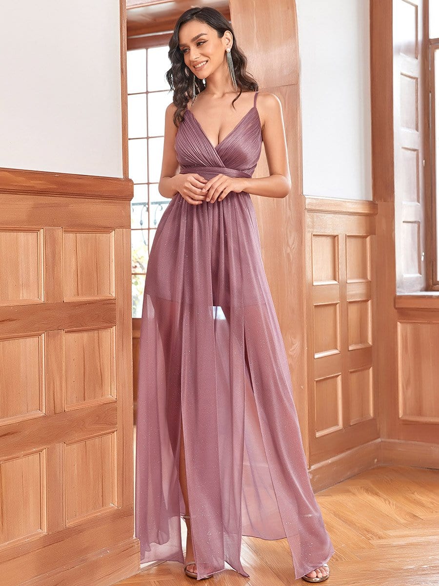 Spaghetti Strap 2 in 1 Sheer Evening Dress #color_Purple Orchid 