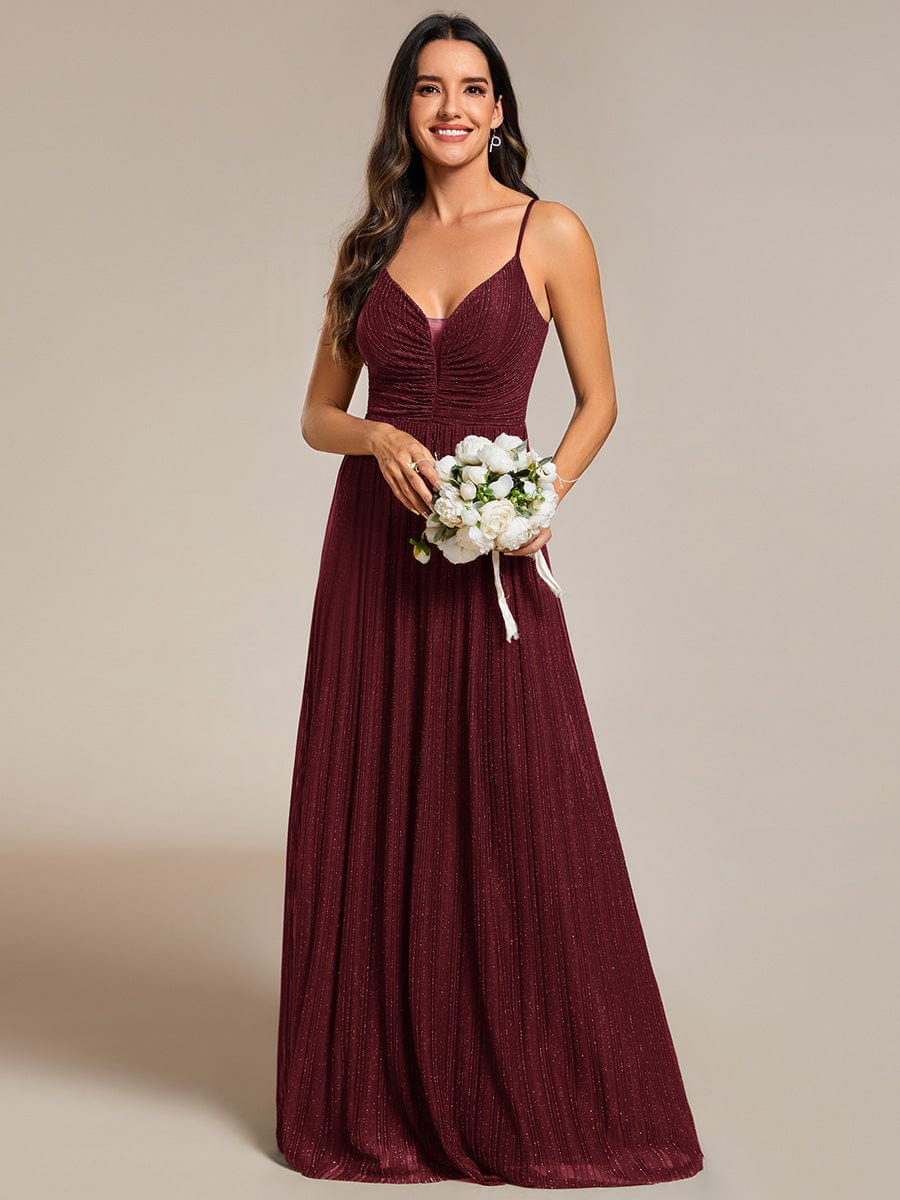 High-Waisted Glittering Spaghetti Straps Evening Dress with Pleated #color_Burgundy