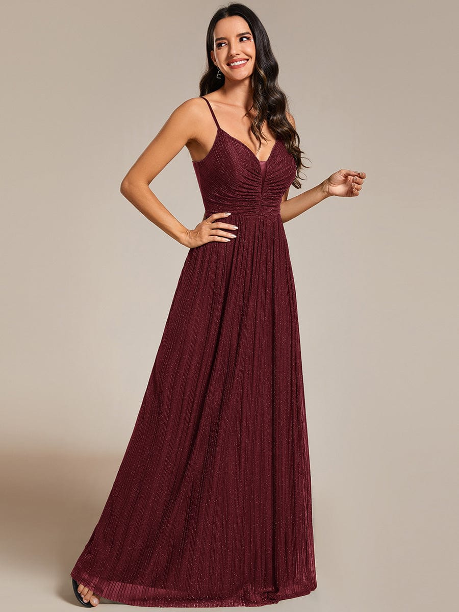 High-Waisted Glittering Spaghetti Straps Evening Dress with Pleated #color_Burgundy