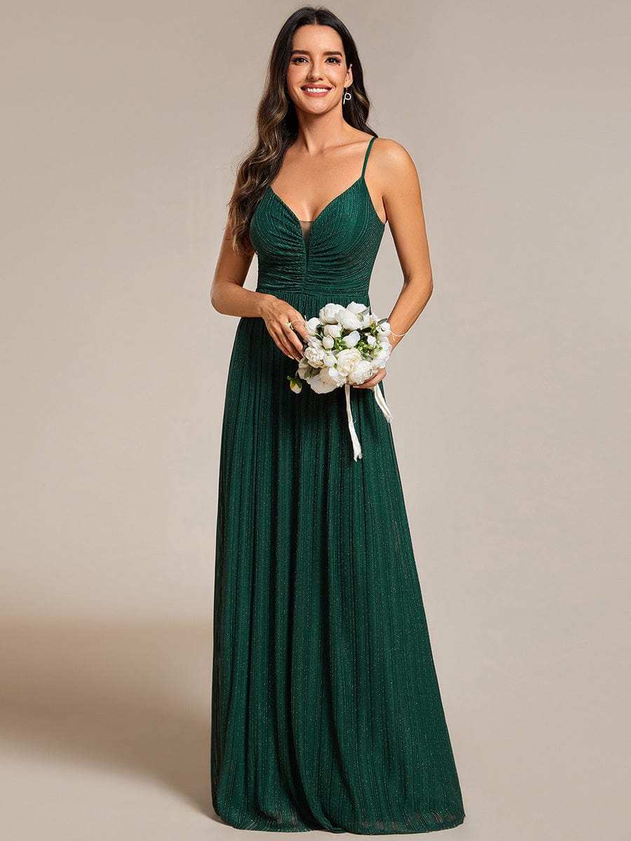 High-Waisted Glittering Spaghetti Straps Evening Dress with Pleated #color_Dark Green