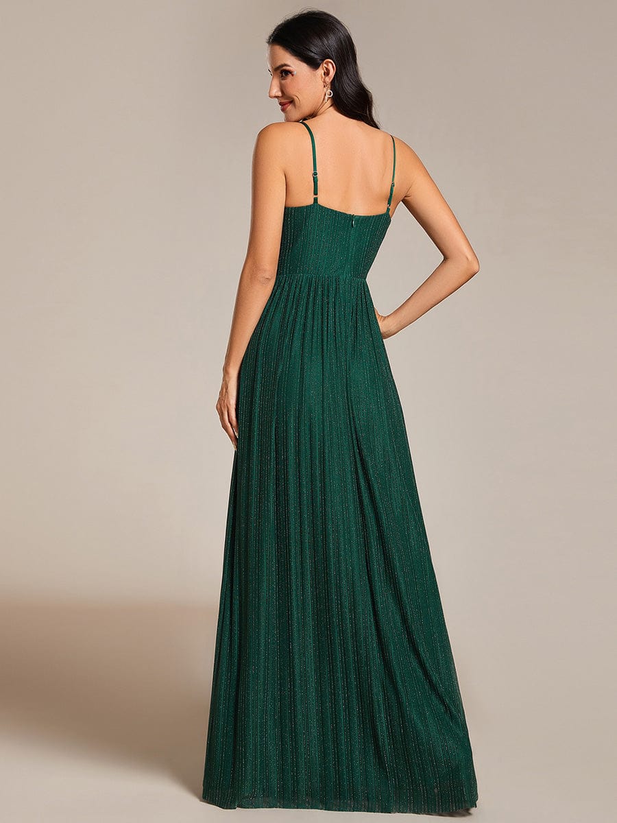 High-Waisted Glittering Spaghetti Straps Evening Dress with Pleated #color_Dark Green