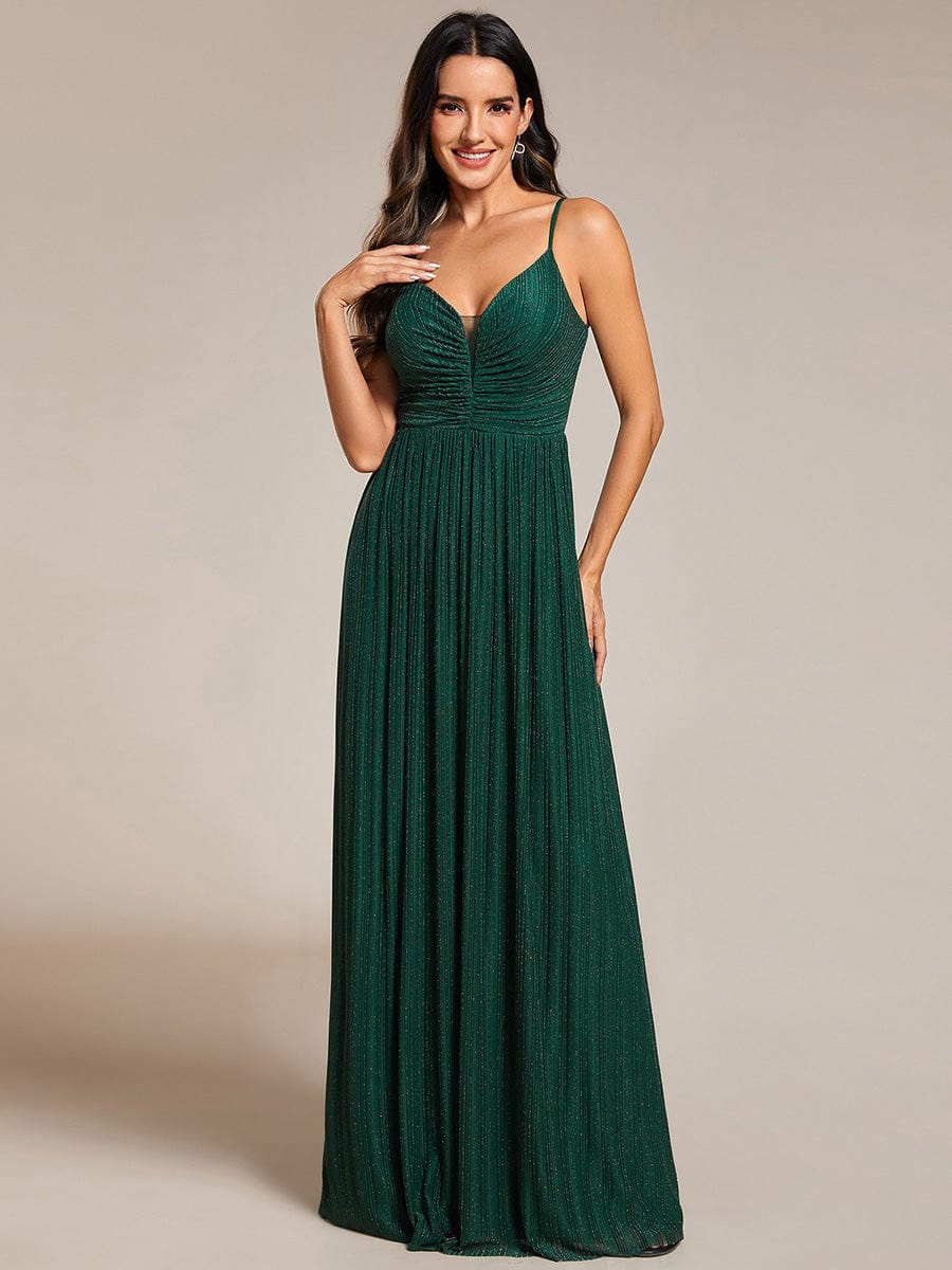 High-Waisted Glittering Spaghetti Straps Evening Dress with Pleated #color_Dark Green