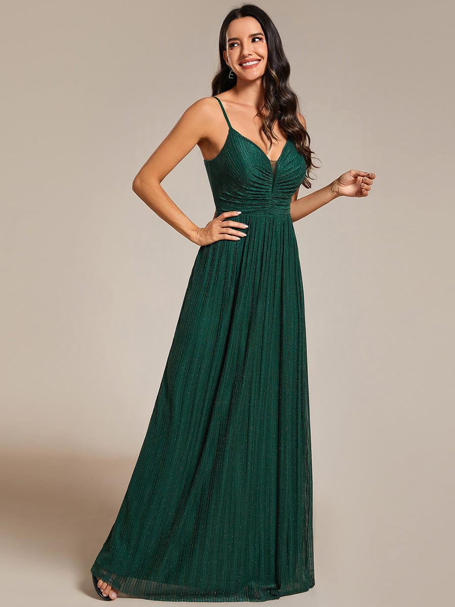 High-Waisted Glittering Spaghetti Straps Evening Dress with Pleated #color_Dark Green