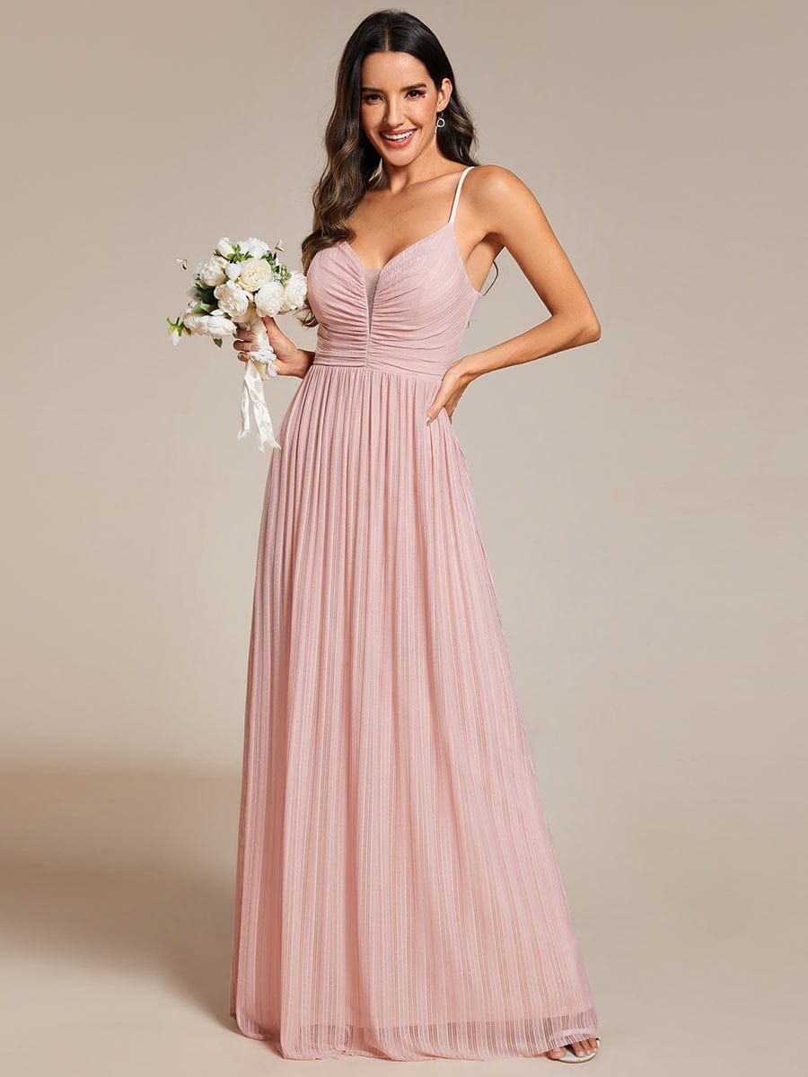 High-Waisted Glittering Spaghetti Straps Evening Dress with Pleated #color_Pink