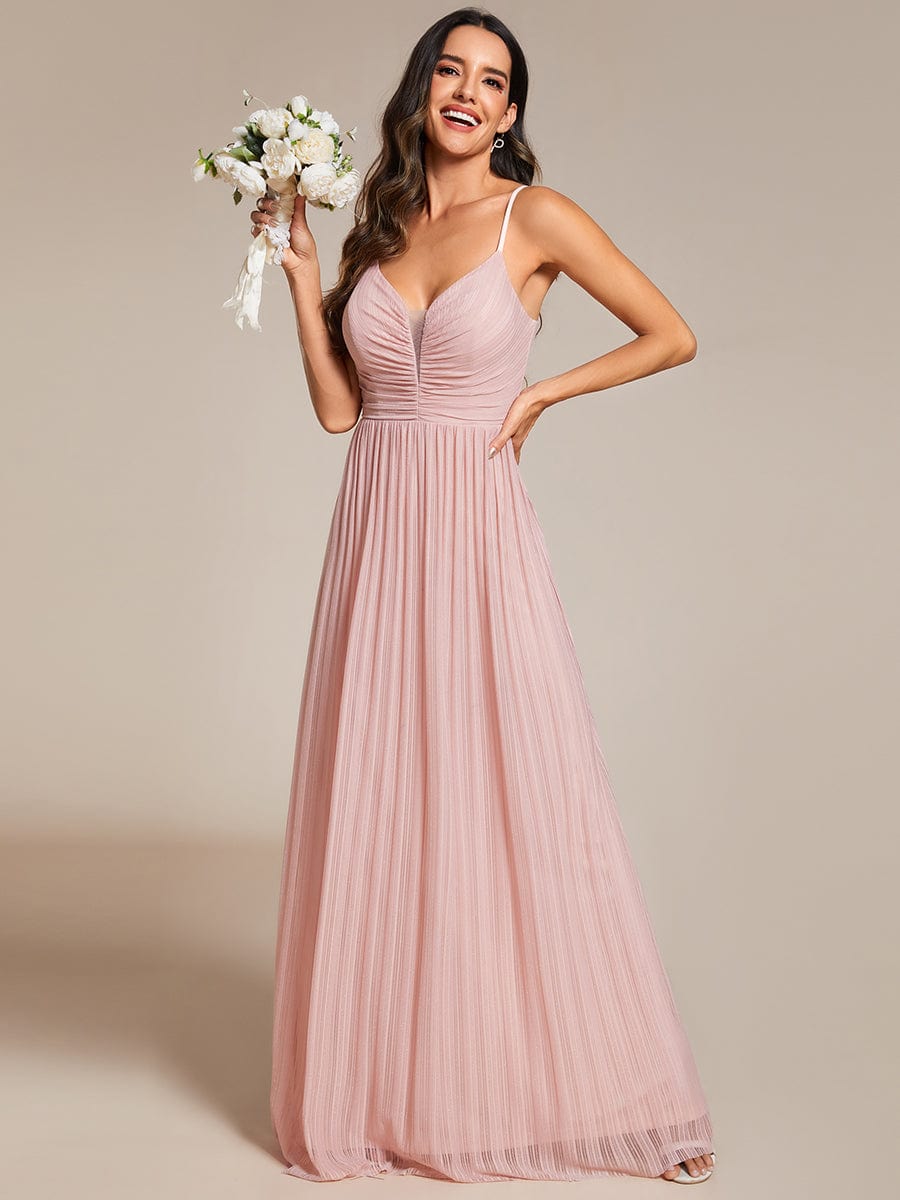 High-Waisted Glittering Spaghetti Straps Evening Dress with Pleated #color_Pink