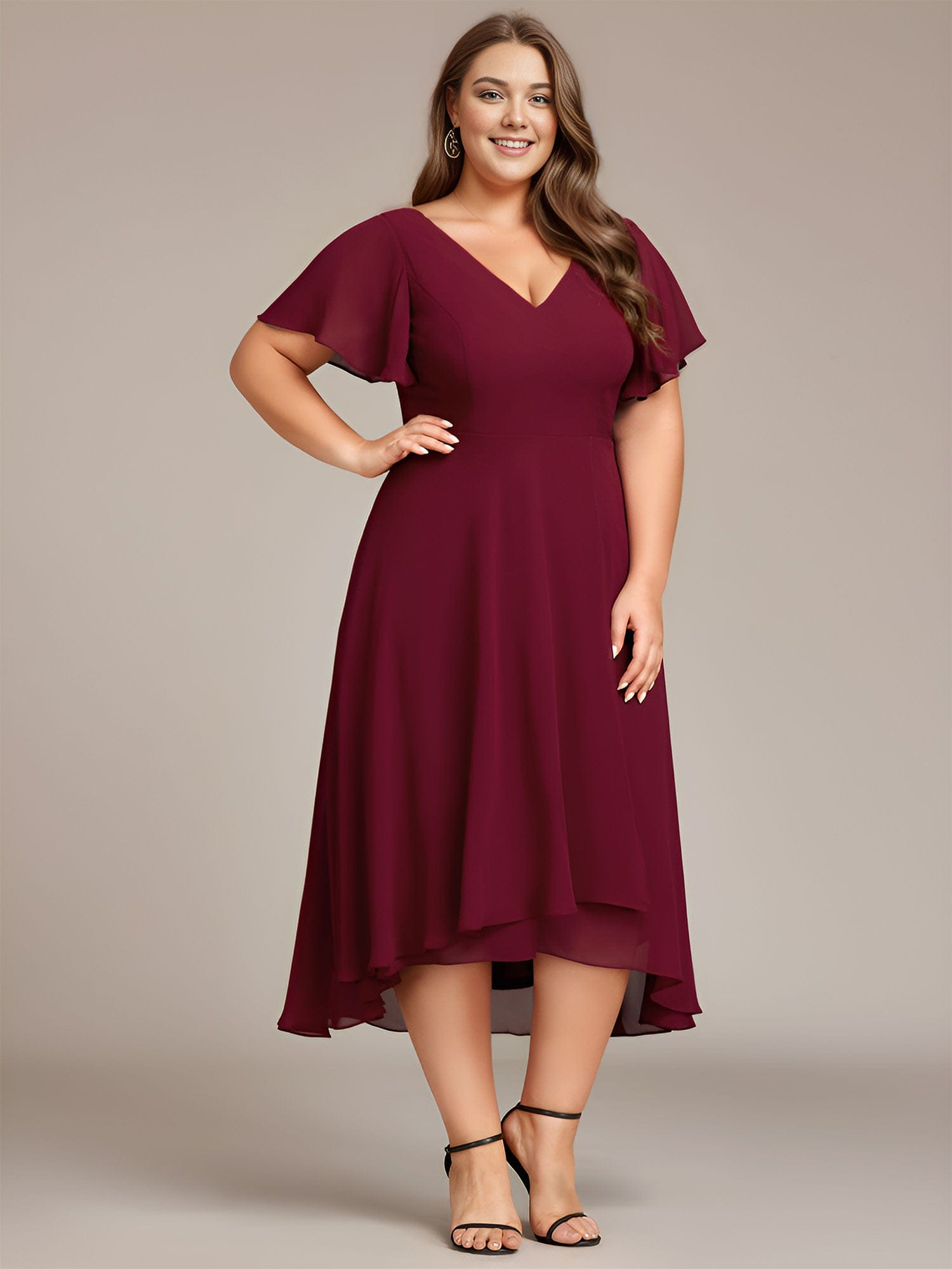 Flowing Chiffon V-Neck Ruffle Sleeves Bridesmaid Dress  #color_Burgundy