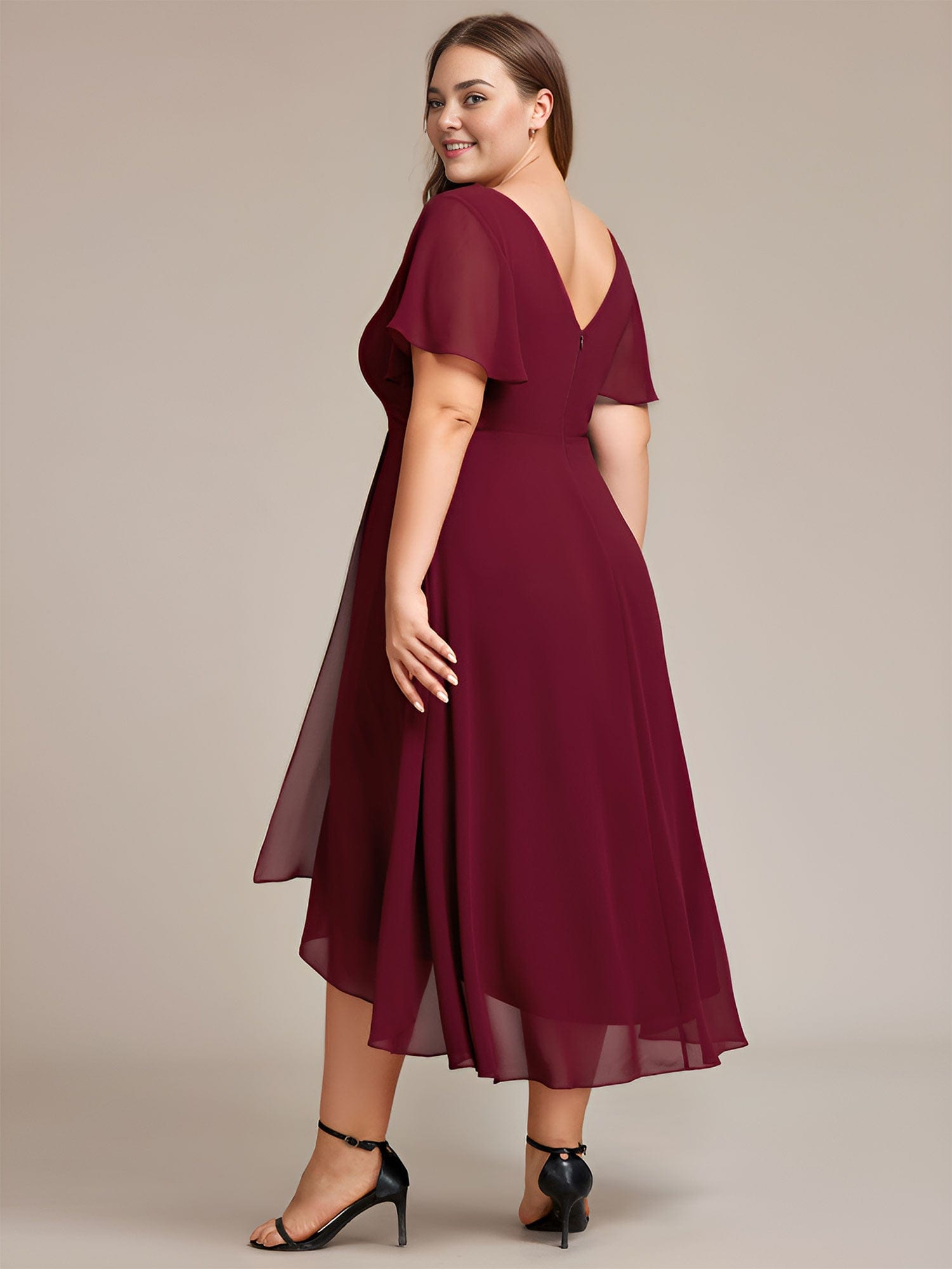 Flowing Chiffon V-Neck Ruffle Sleeves Bridesmaid Dress  #color_Burgundy