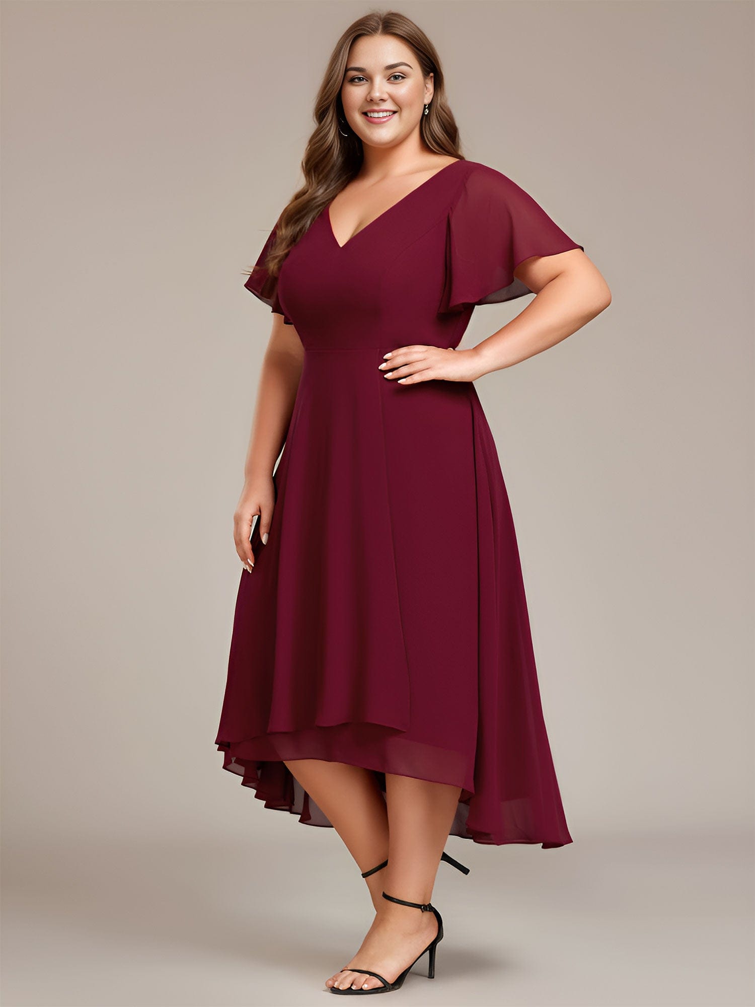 Plus Size Flowing Chiffon V-Neck Ruffle Sleeves Bridesmaid Dress  #color_Burgundy