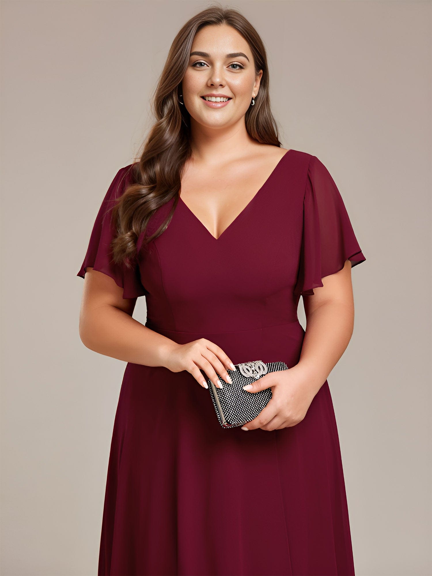 Flowing Chiffon V-Neck Ruffle Sleeves Bridesmaid Dress  #color_Burgundy