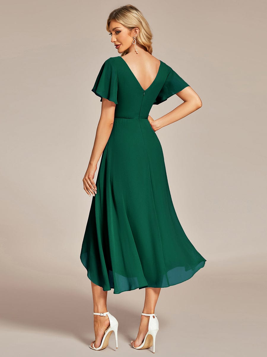 Flowing Chiffon V-Neck Ruffle Sleeves Bridesmaid Dress  #color_Dark Green