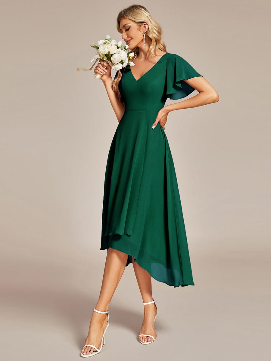 Flowing Chiffon V-Neck Ruffle Sleeves Bridesmaid Dress  #color_Dark Green