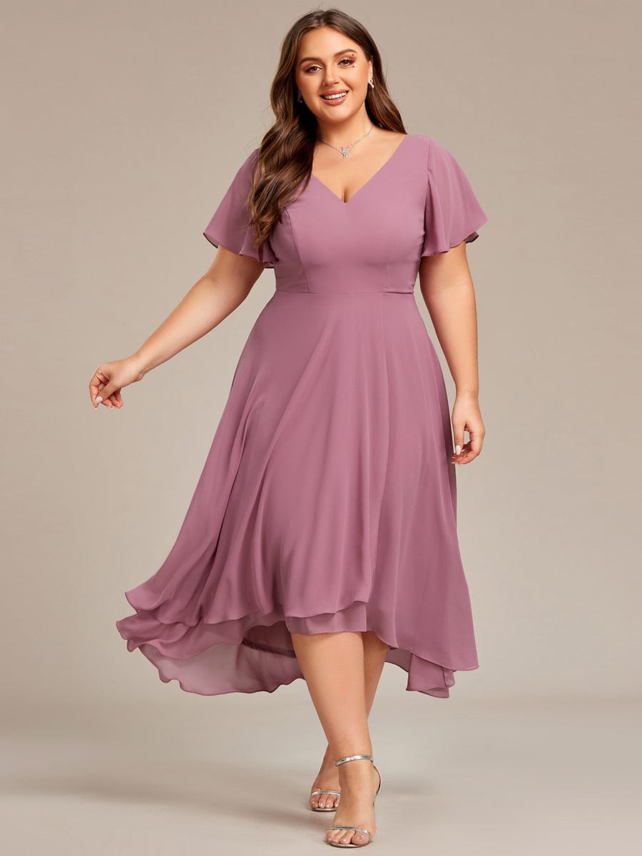 Plus Size Flowing Chiffon V-Neck Ruffle Sleeves Bridesmaid Dress  #color_Purple Orchid