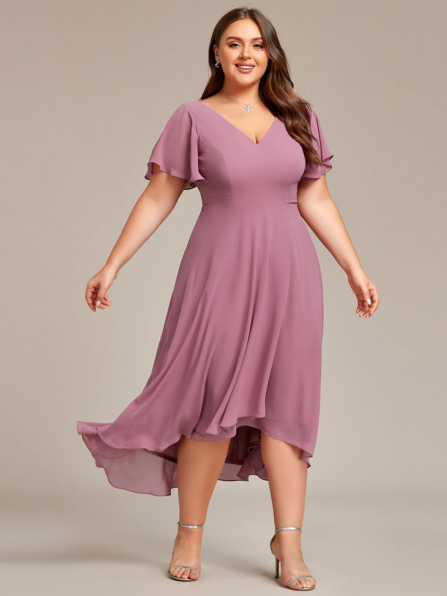 Plus Size Flowing Chiffon V-Neck Ruffle Sleeves Bridesmaid Dress  #color_Purple Orchid