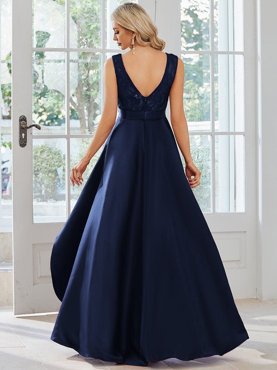 Elegant Sleeveless High-low Lace Top Wedding Guest Dress #color_Navy Blue