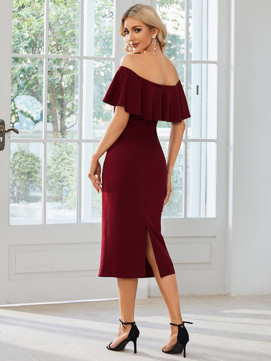 Off The Shoulder Bodycon Tea Length Wedding Guest Dress #color_Burgundy