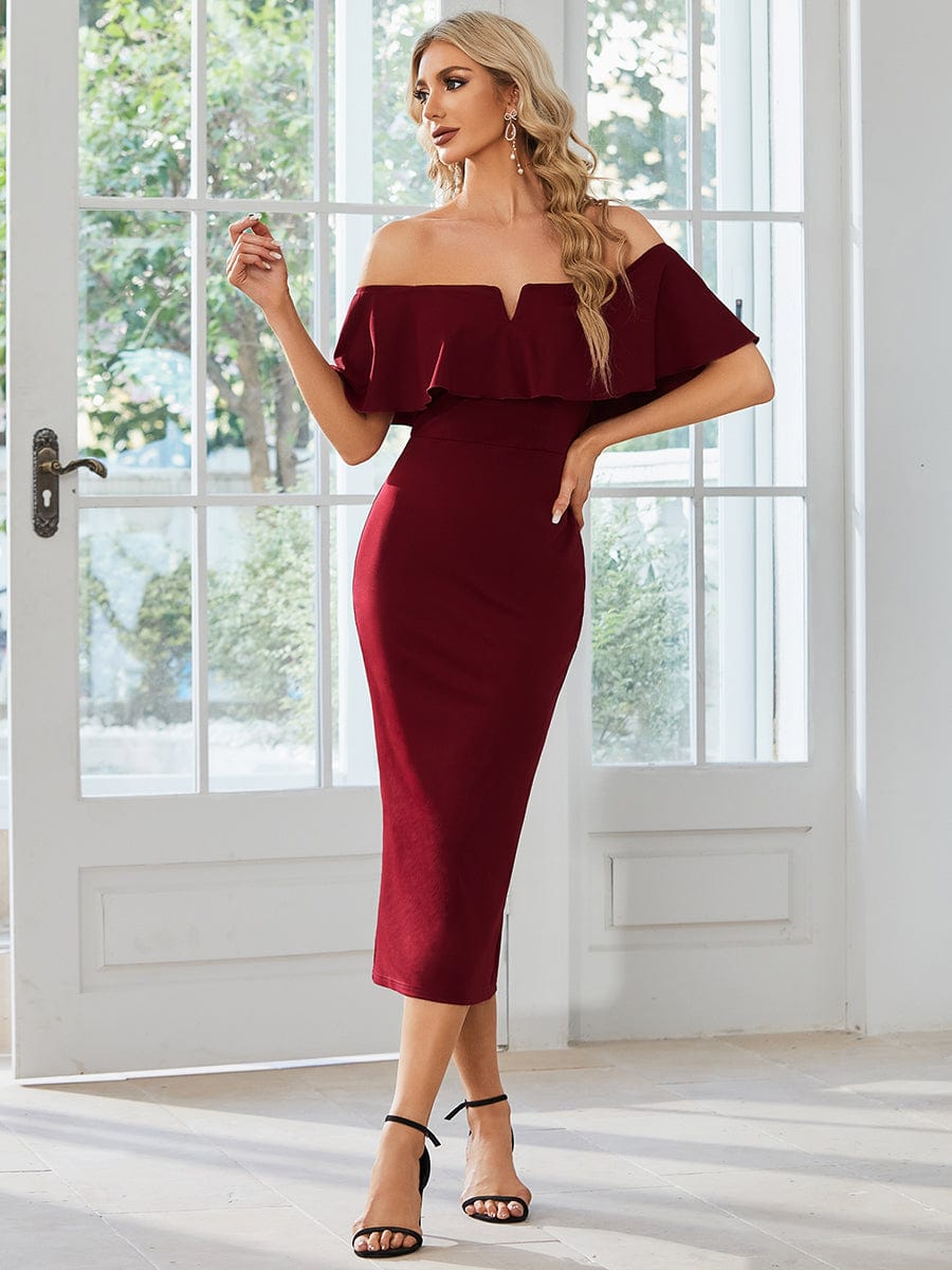 Off The Shoulder Bodycon Tea Length Wedding Guest Dress #color_Burgundy