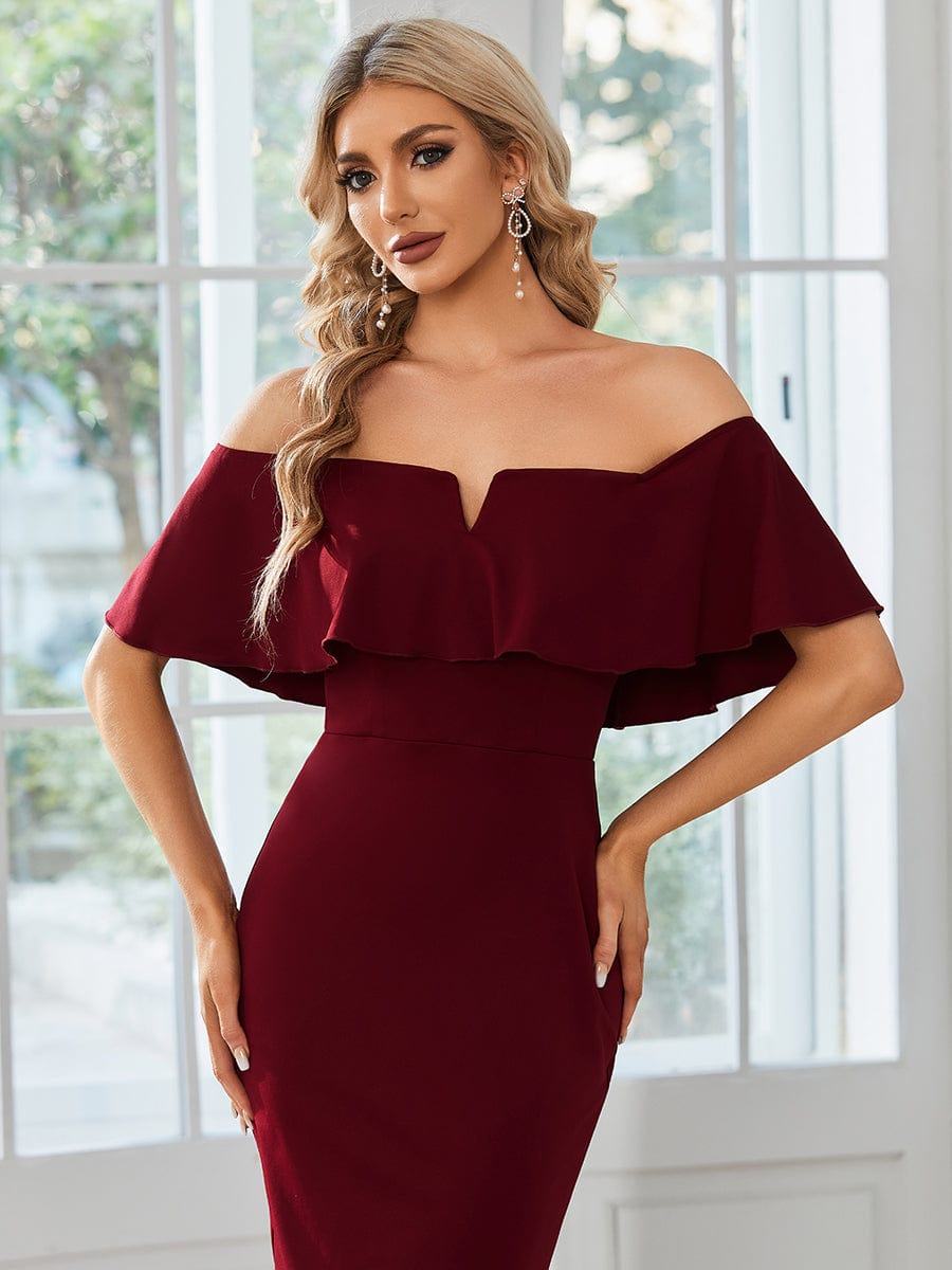 Off The Shoulder Bodycon Tea Length Wedding Guest Dress #color_Burgundy