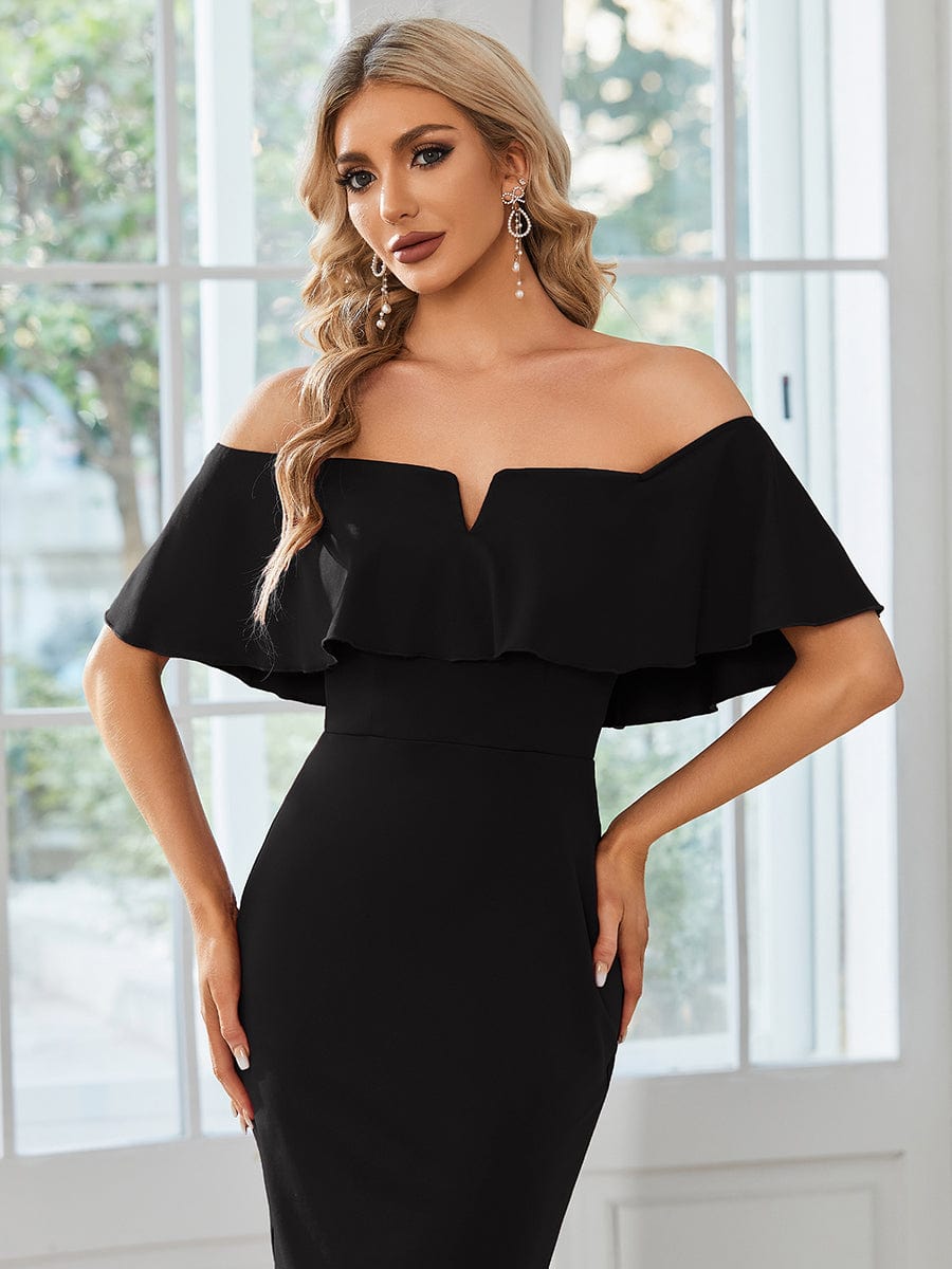 Off The Shoulder Bodycon Tea Length Wedding Guest Dress #color_Black