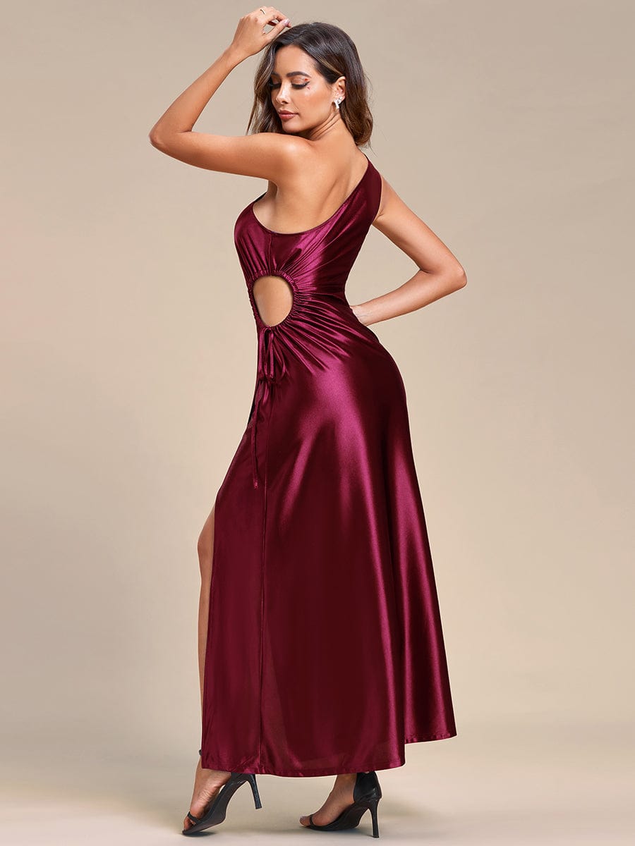 One Shoulder Elastic side waistband with hollow-out Satin Wedding Guest Dresses  #color_Burgundy