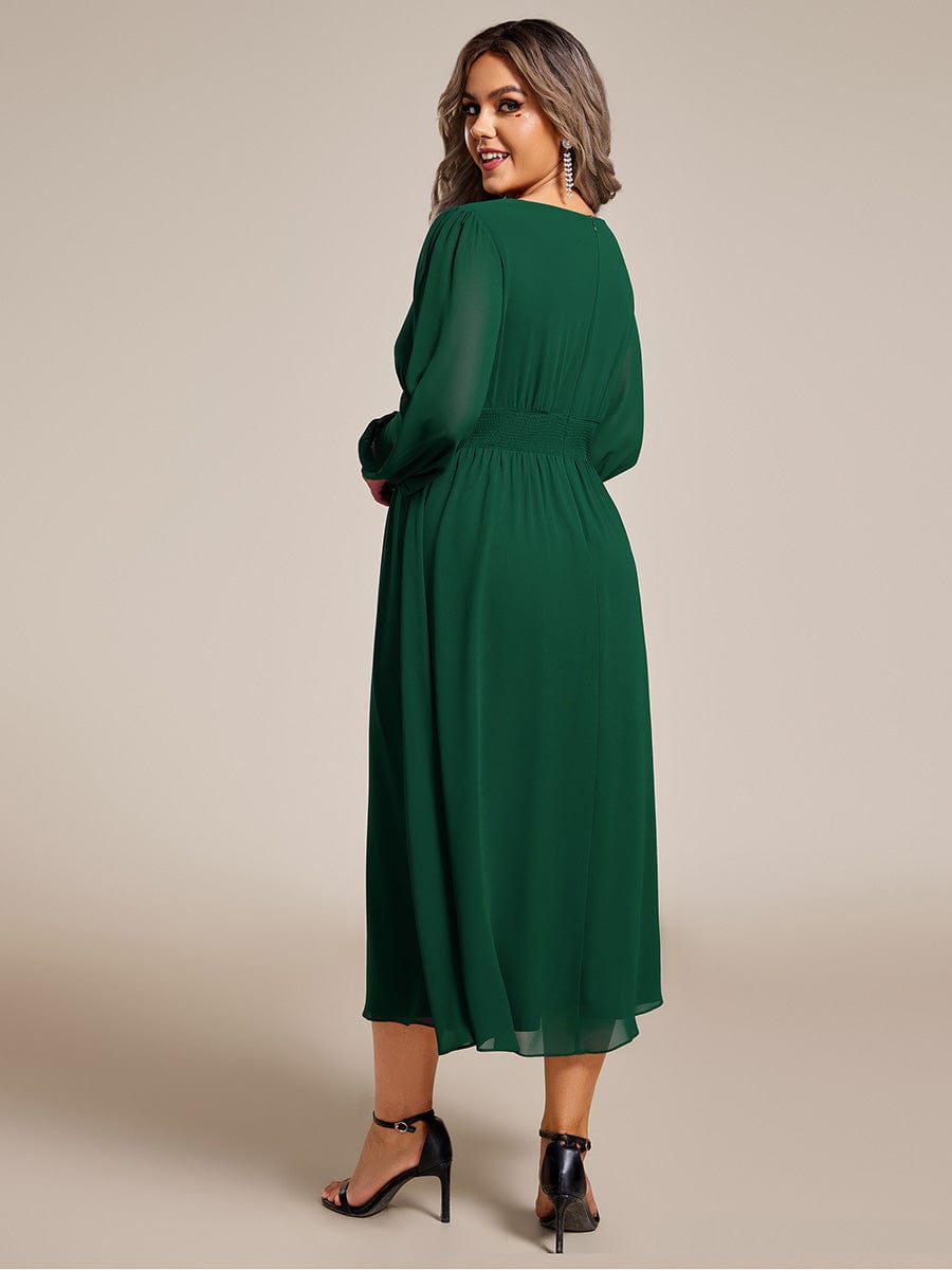 Plus Size Flowy Long Sleeves V-Neck Midi Chiffon Wedding Guest Dress #color_Dark Green