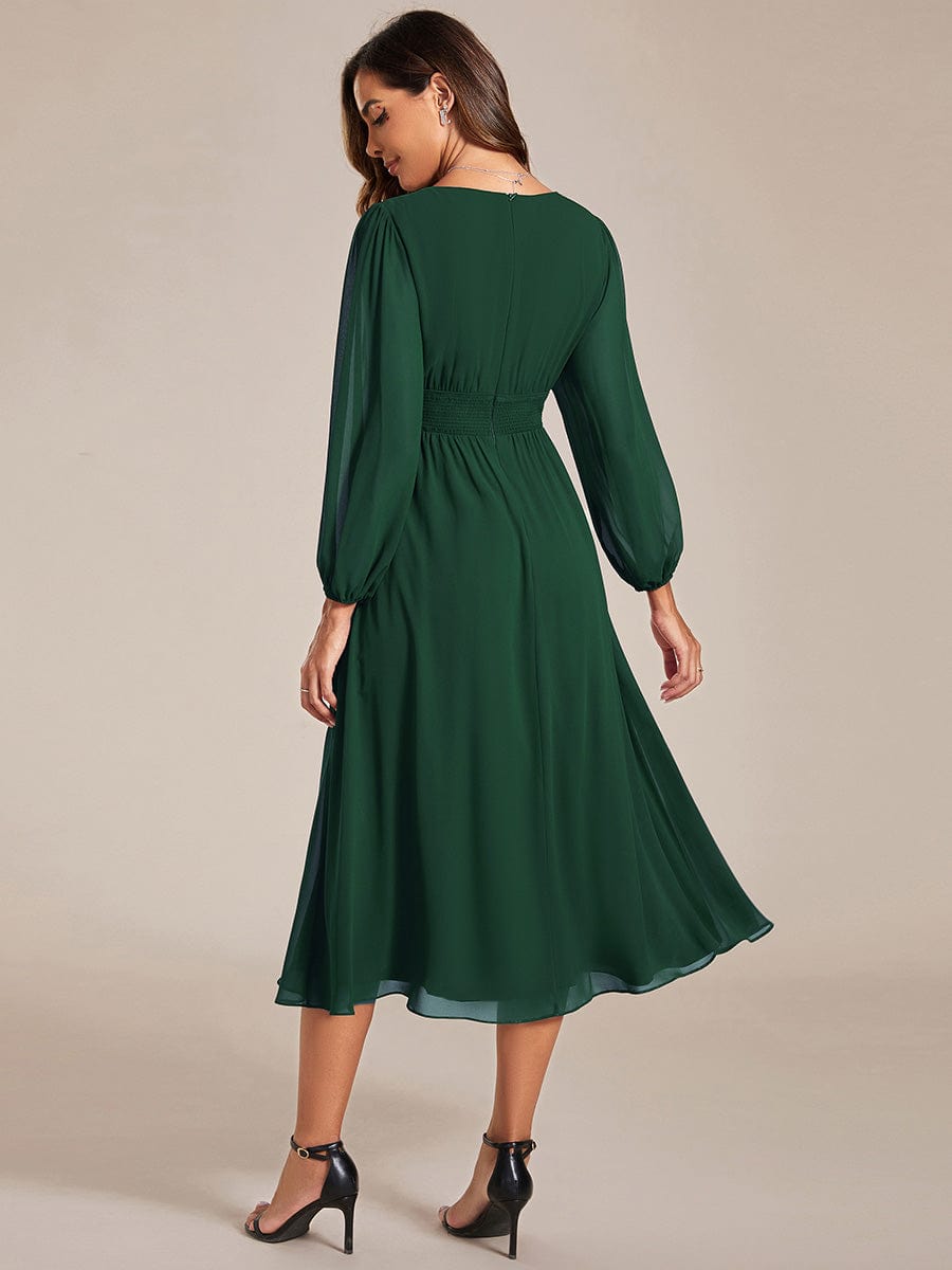 Chiffon V-Neck Long Sleeves Elastic Band Midi Wedding Guest Dress #color_Dark Green