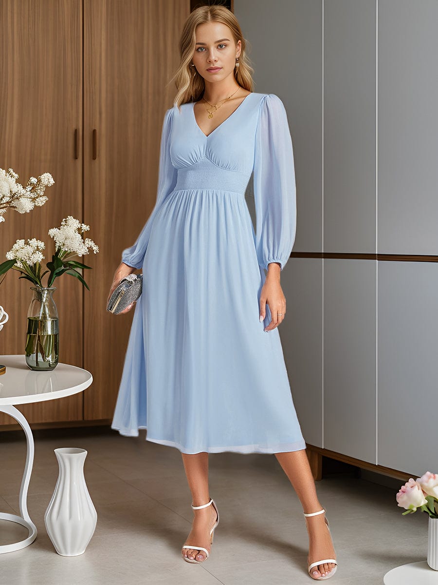 Chiffon See-through Long Sleeves Elastic Band A-line Wedding Guest Dress -  Ever-Pretty US