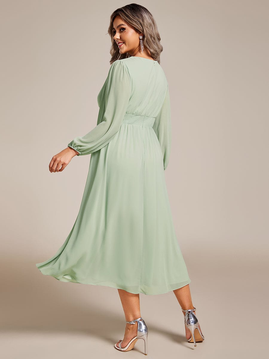 Plus Size Flowy Long Sleeves V-Neck Midi Chiffon Wedding Guest Dress #color_Mint Green