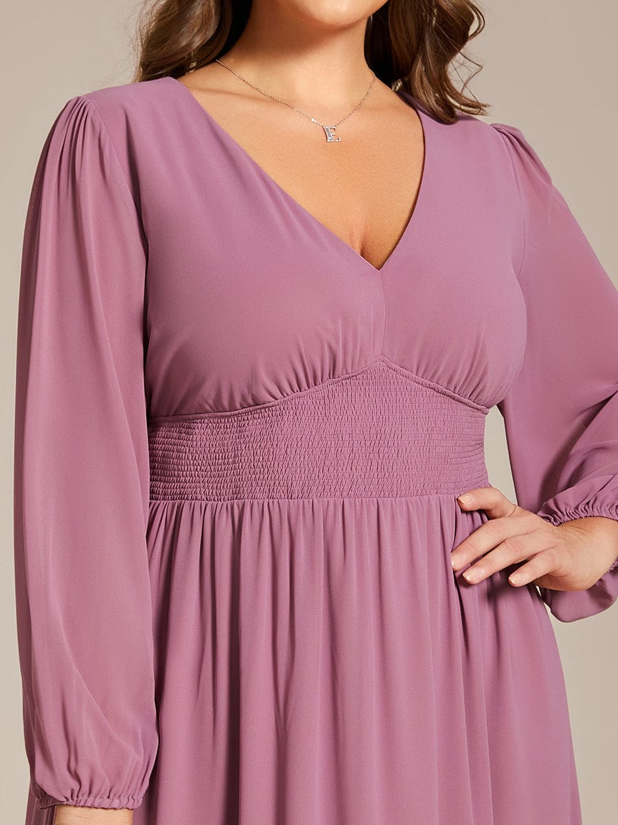 Plus Size Flowy Long Sleeves V-Neck Midi Chiffon Wedding Guest Dress #color_Purple Orchid