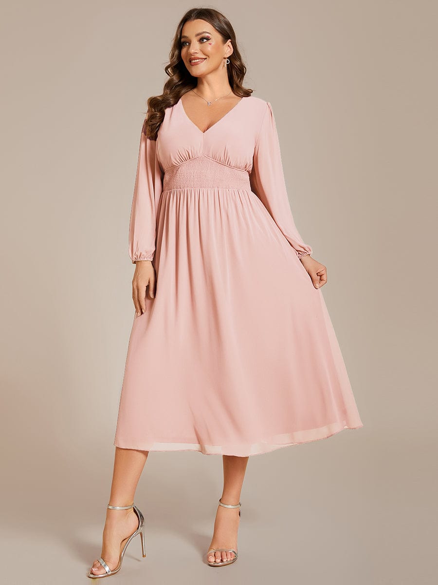 Plus Size Flowy Long Sleeves V-Neck Midi Chiffon Wedding Guest Dress #color_Pink