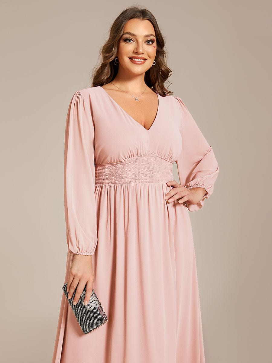 Plus Size Flowy Long Sleeves V-Neck Midi Chiffon Wedding Guest Dress #color_Pink