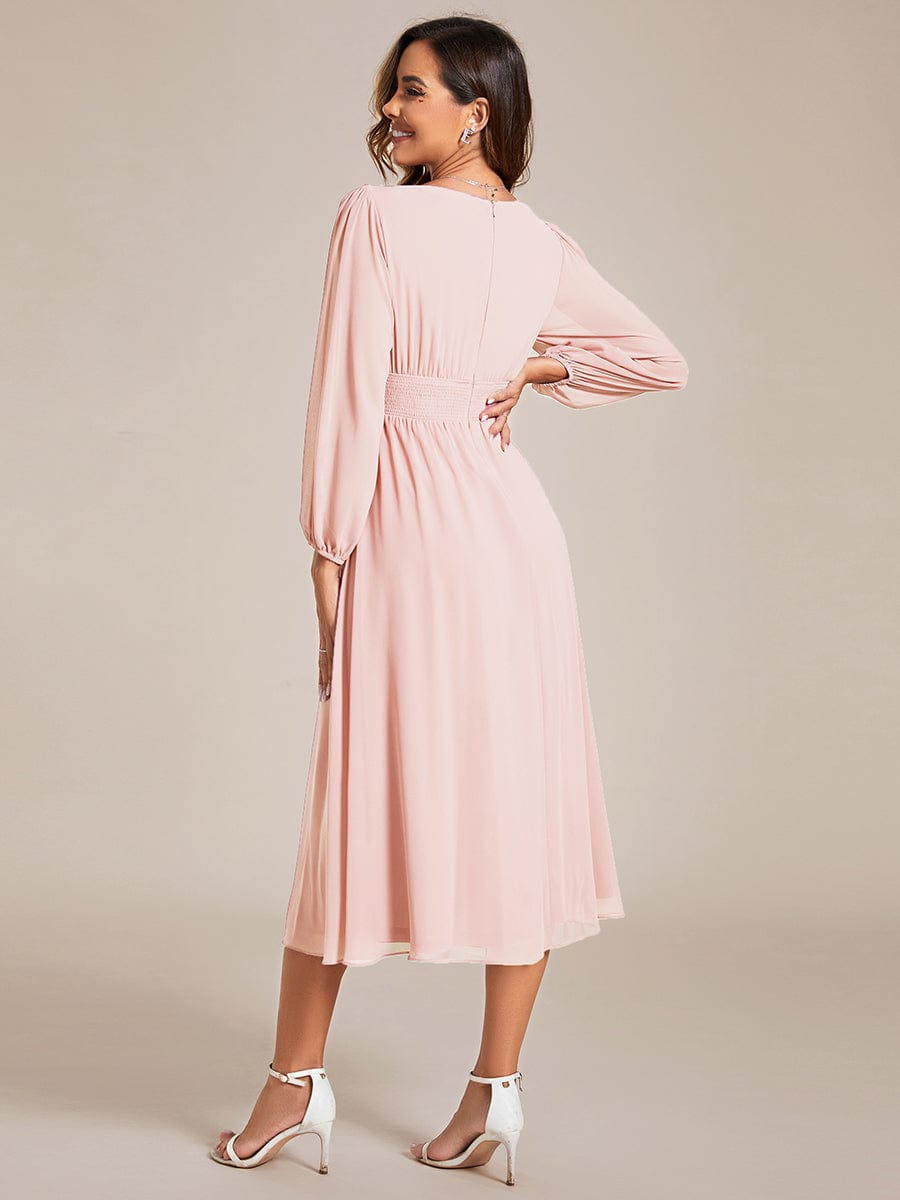 Chiffon V-Neck Long Sleeves Elastic Band Midi Wedding Guest Dress #color_Pink