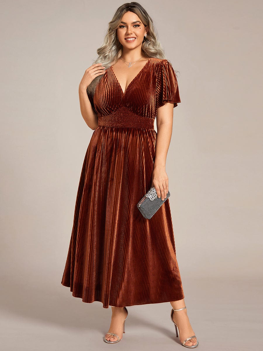 Plus Size A line V Neck Short Sleeve Pleated Velvet Fall Wedding Guest Dress