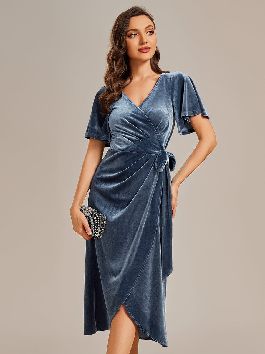 One-Piece Type Short Sleeves V-Neck Velvet Midi Wedding Guest Dress #color_Dusty Blue