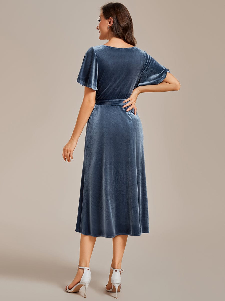 One-Piece Type Short Sleeves V-Neck Velvet Midi Wedding Guest Dress #color_Dusty Blue