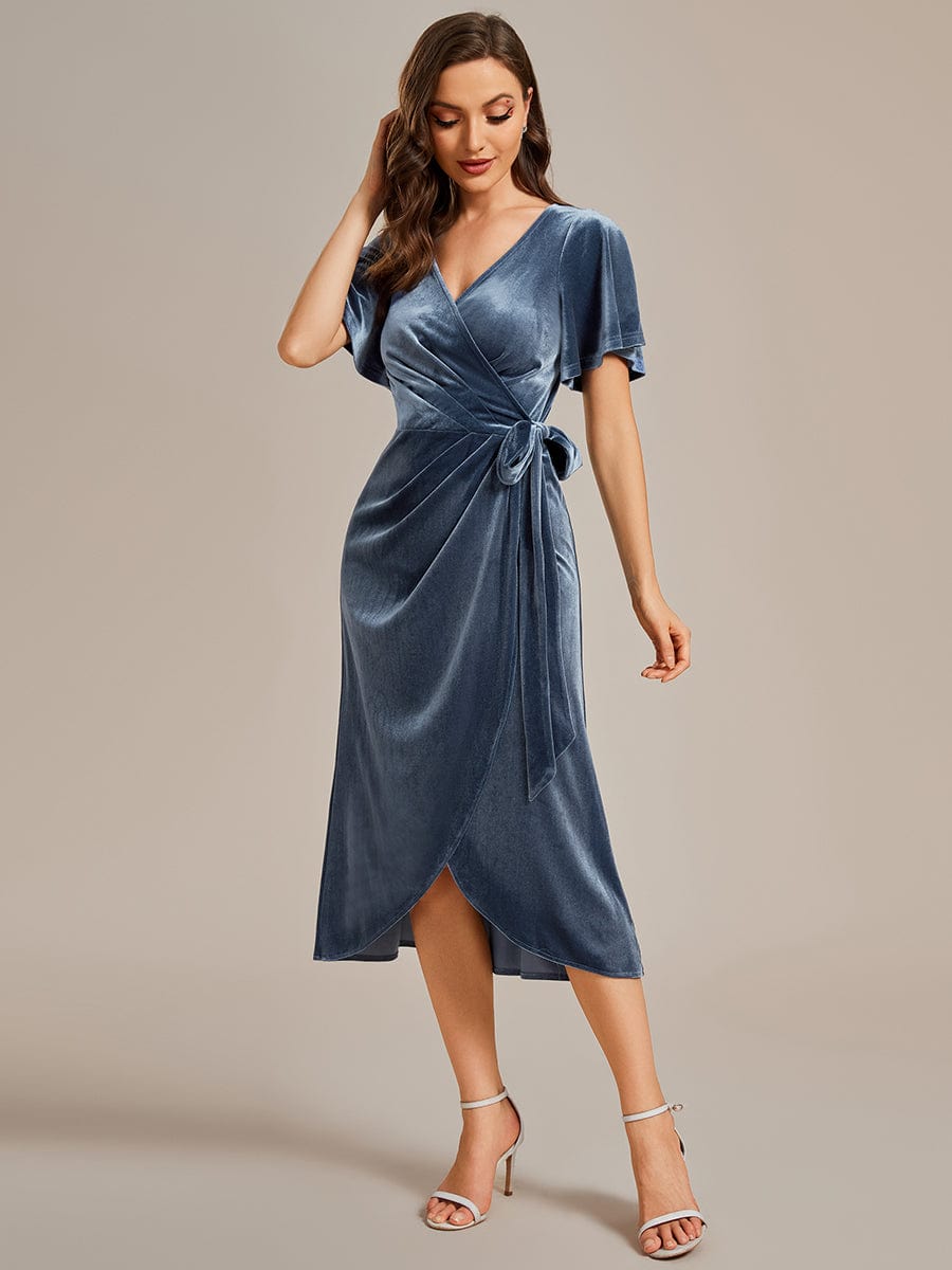 One-Piece Type Short Sleeves V-Neck Velvet Midi Wedding Guest Dress #color_Dusty Blue