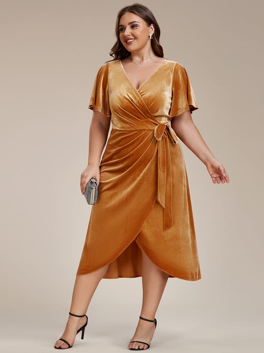 One-Piece Type Short Sleeves V-Neck Velvet Midi Wedding Guest Dress #color_Ginger